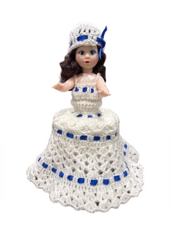 Other - Handmade Crochet Toilet Tissue Doll Cover White & Blue Dress And Hat Set (DOLL N